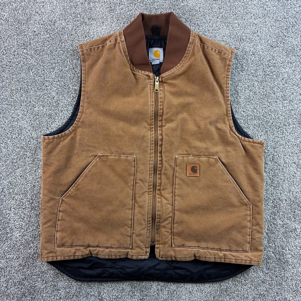 Carhartt Sandstone Duck Vest Mens L Brown Cotton Quilt Lined Workwear V02-211